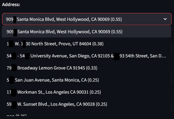 Address dropdown with confidence scores
