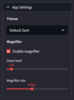 App settings panel