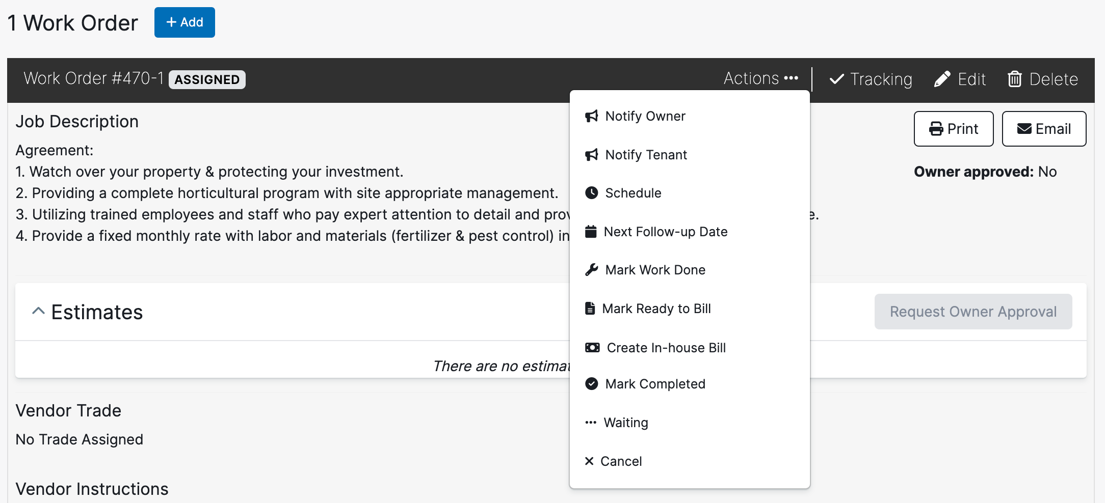 Actions menu open on a work order