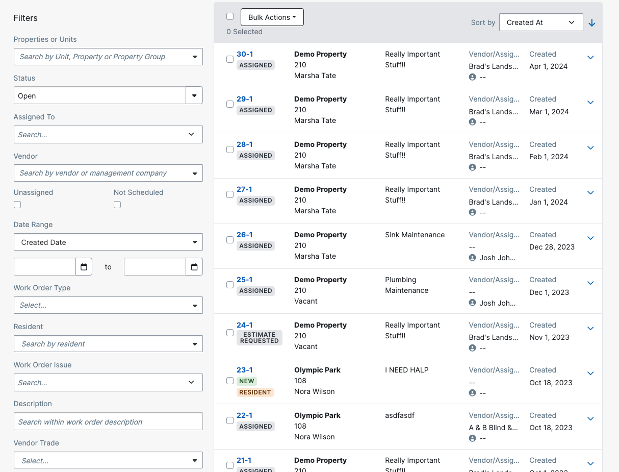 Work Orders index with the advanced filter panel open