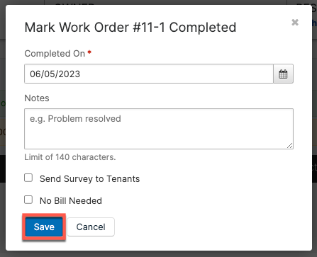 Mark Completed dialog