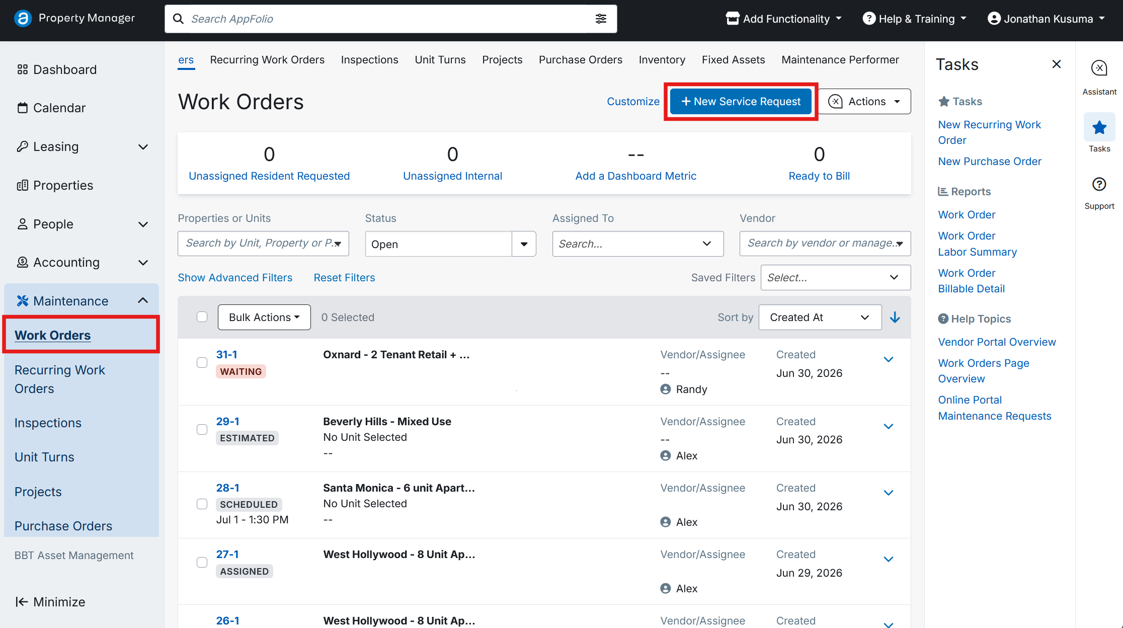 Work Orders page with Maintenance and Work Orders highlighted in the left nav and the New Service Request button at the top