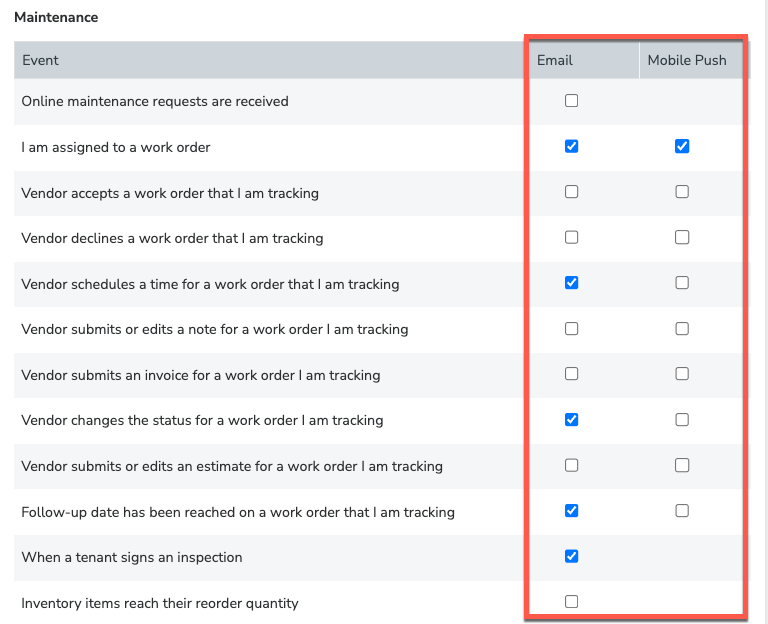 Maintenance notification settings with Email and Mobile Push columns