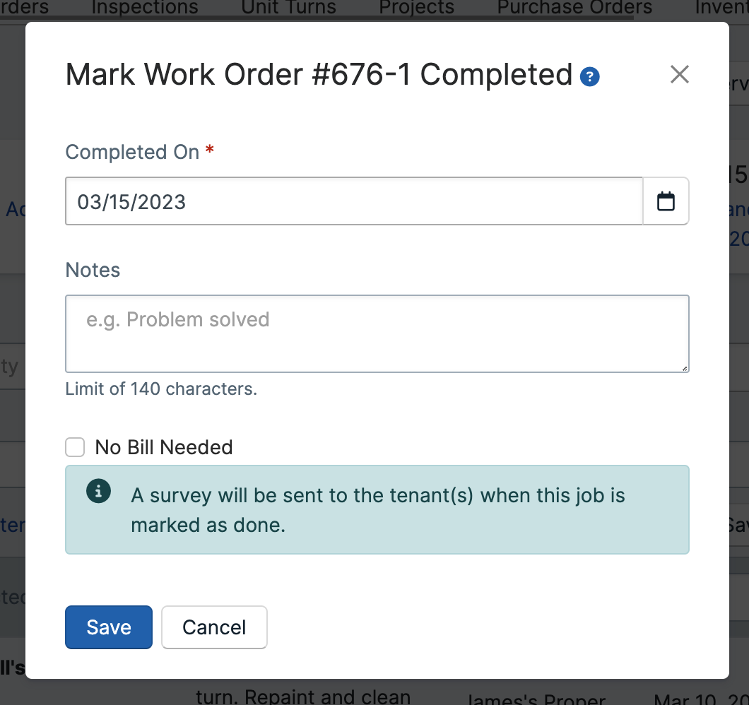 Expanded work order row with quick actions