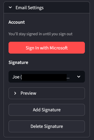 Email settings panel