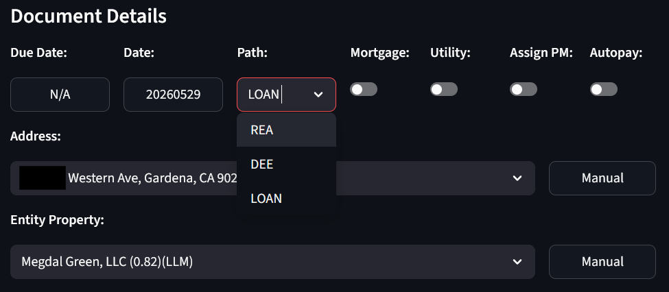Path dropdown with REA, DEE, LOAN options