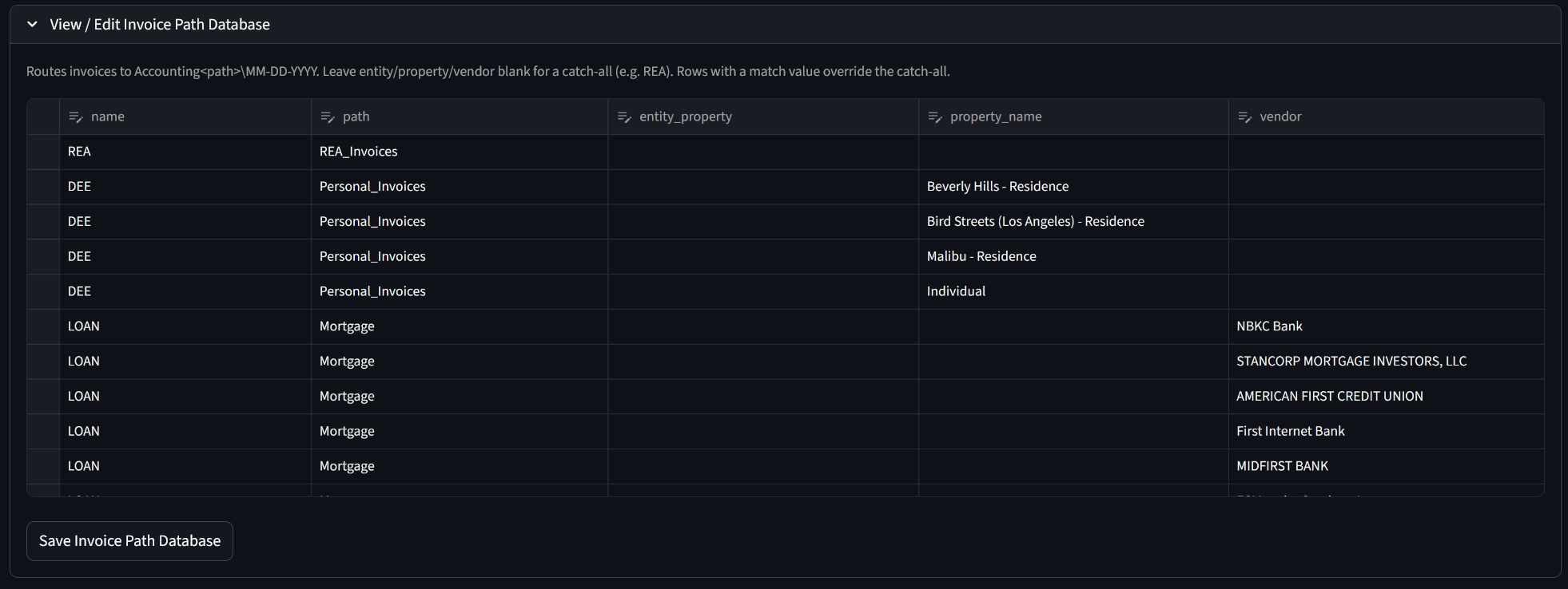 View / Edit Invoice Path Database editor