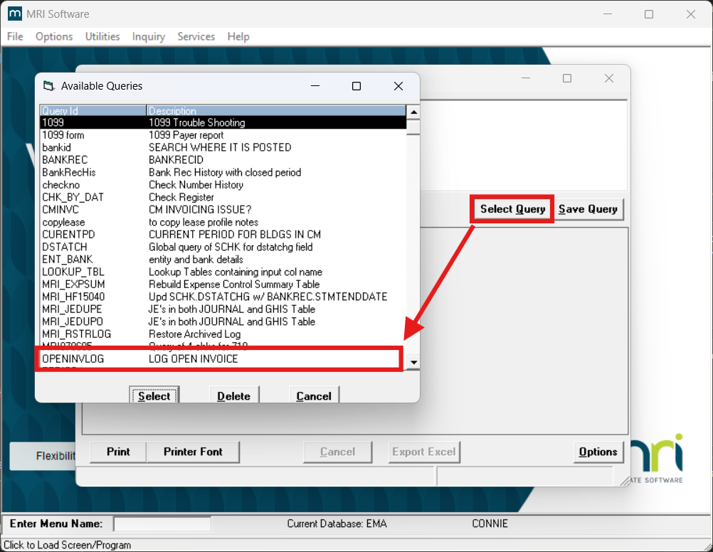 Select the OPENINVLOG query