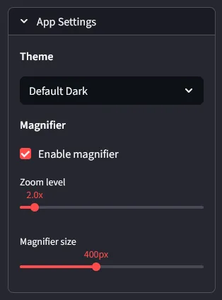 App settings panel