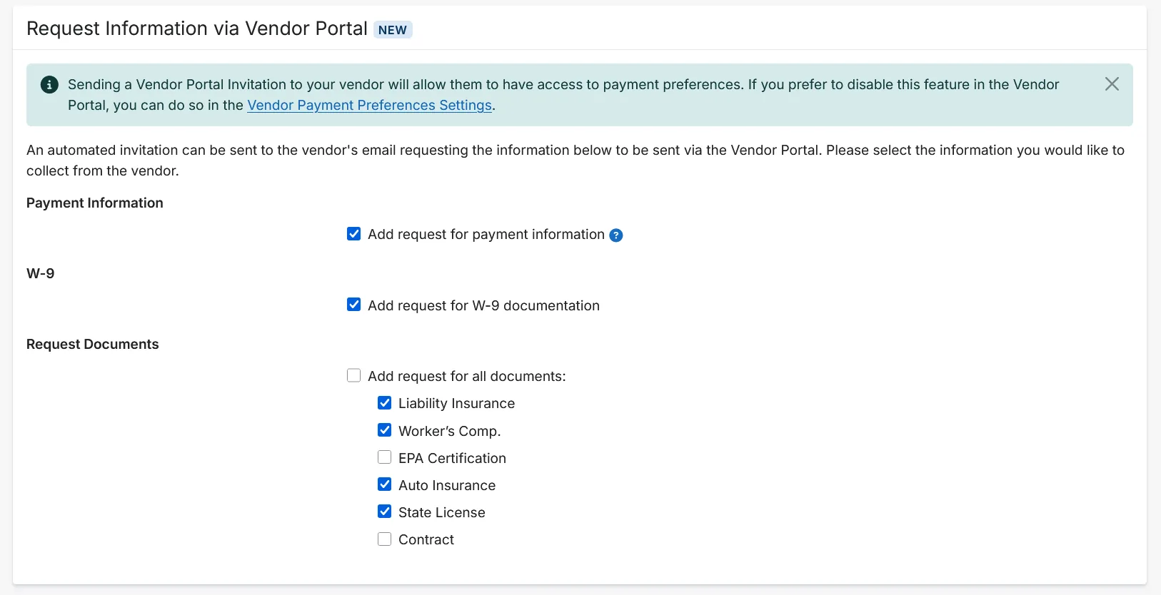 Request Information via Vendor Portal block with payment information, W-9, Liability Insurance, Worker's Comp, Auto Insurance, and State License checked