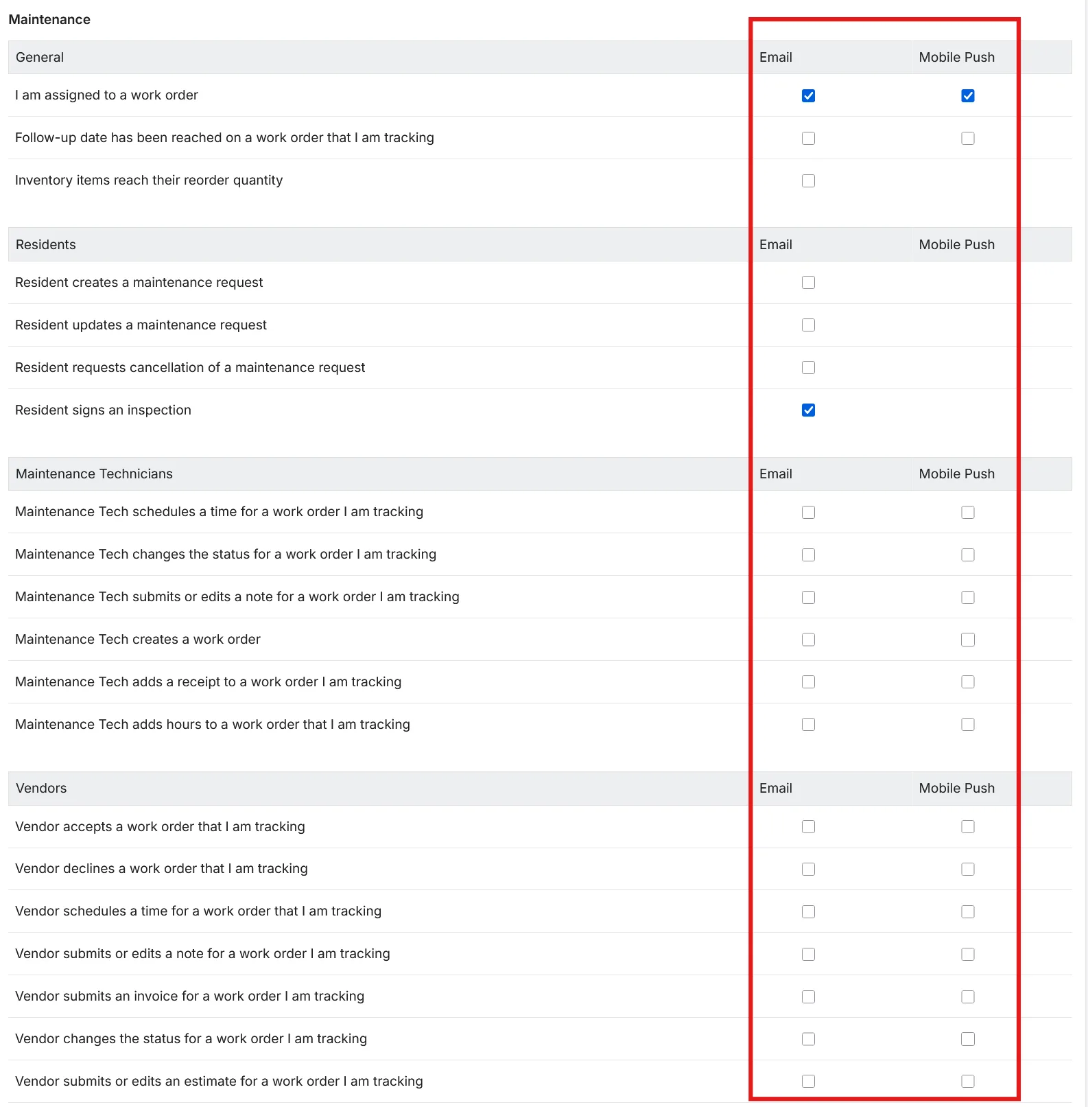 Maintenance notification settings with Email and Mobile Push columns