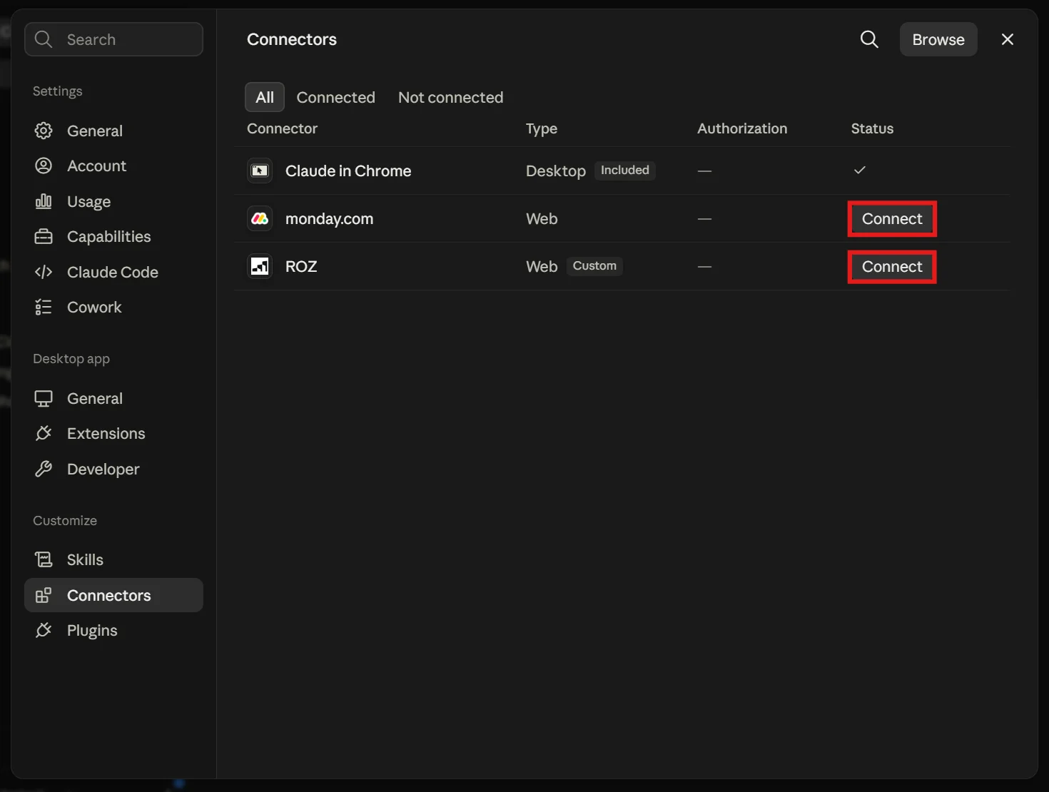 Connectors settings list showing monday.com and ROZ with their Connect buttons
